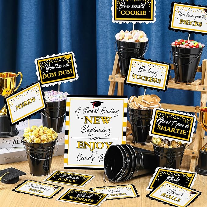 12 Set 2026 Graduation Candy Buffet Party Decoration Graduation Table Candy Bar Snack Labels Signs and 5'' Buckets with Handle for Class of 2026 Party Parties Supplies(Plaid Border Style,Black)