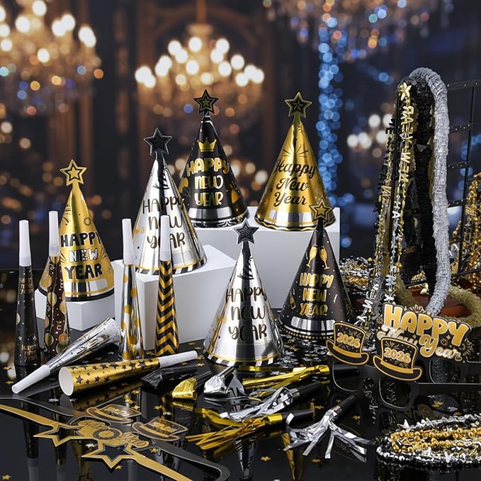 Gueevin 422 Pcs New Year's Eve Party Supplies Kit 2026 for 120 Guests, Including Happy New Year Banner & Backdrop, 60 Blowouts, 60 Squawkers, 60 Horns, 60 Hats, 60 Glasses, 60 Necklaces, 60 Leis