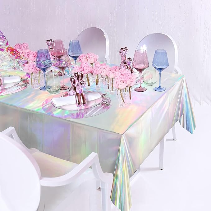 Cheerland 2 Pcs Iridescent Tablecloth Holographic Foil - Disposable Euphoria Sparkle Shiny Iridiscent Rectangle Table Cover Disco Theme for Party Kids Mermaid Unicorn Birthday Baby Shower Bachelorette