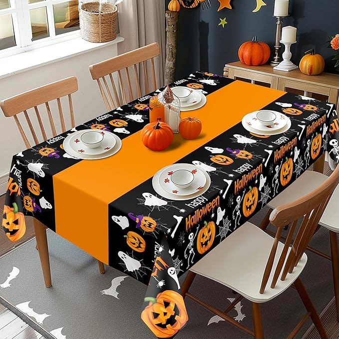 Childom 2 Pack Halloween Tablecloth,Halloween Decorations 54x108 Inch Disposable Plastic Table Cover for Rectangle,Pumpkin Spider Web Ghost Table Cloth for Home Indoor Outdoor Birthday Party Supplies