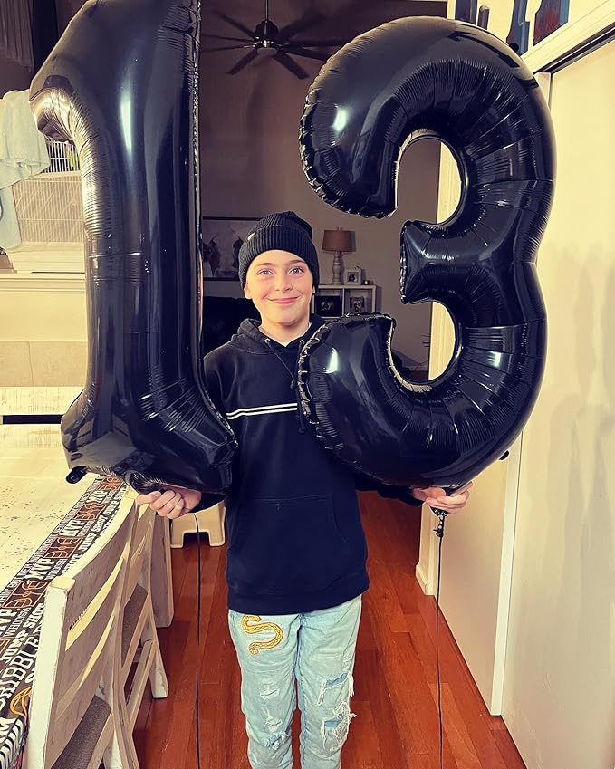 Black Number 13 Balloon 40 inch, 13 Number Balloons, 13th Black Birthday Decorations, 13 Year Old Girls Boys Party Supplies