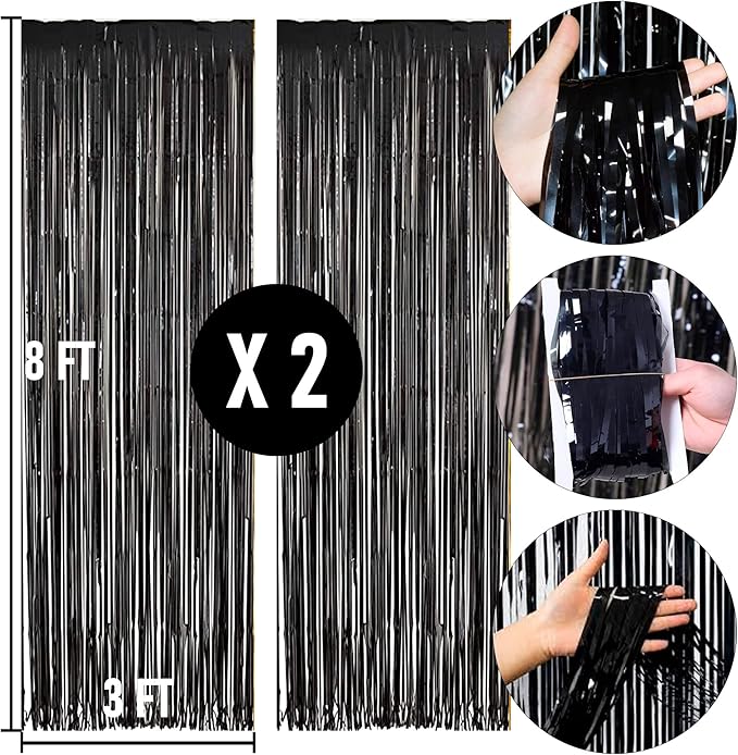 Dazzle Bright 2 Pack Black Backdrop Curtain, 3FT x 8FT Metallic Tinsel Foil Fringe Curtains Photo Booth Background for Baby Shower Party Birthday Wedding Engagement Bridal Shower Decorations