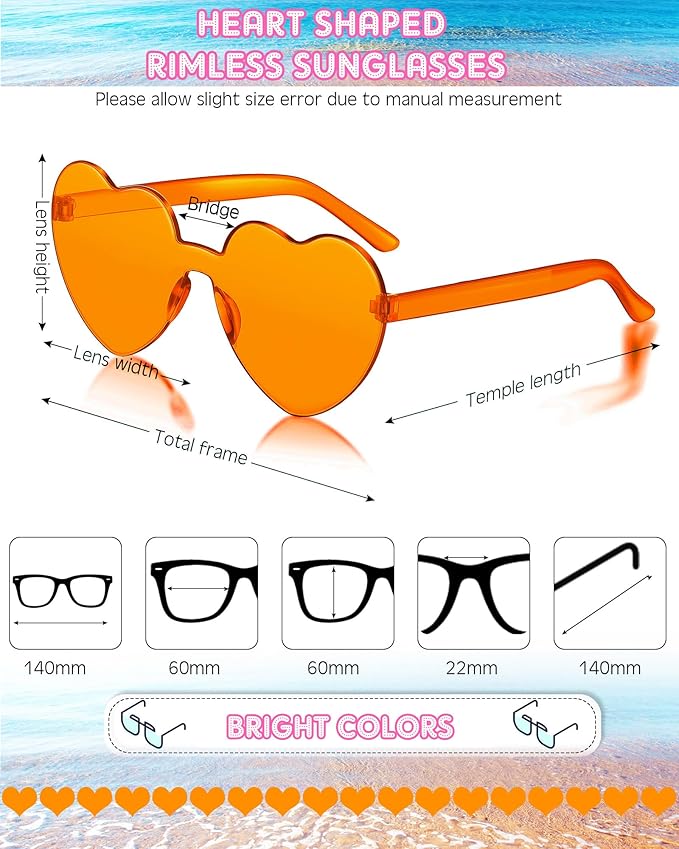 Frienda 20 Pairs Heart Shaped Sunglasses Rimless Candy Color Glasses for Women Men Party Favor