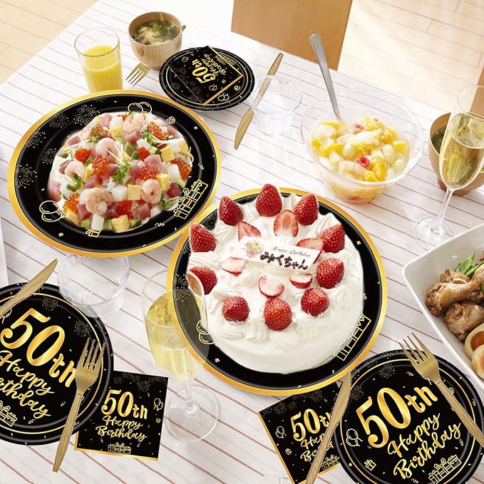 144PCS 50th Birthday Plates and Napkins Birthday Party Supplies 50th Birthday Party Decorations for Men Women Disposable Party Tableware Including Paper Plates Napkins Cups Forks Serve 24