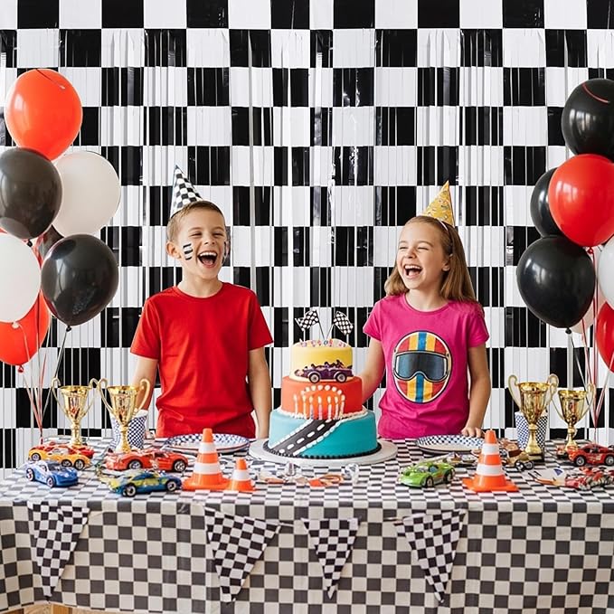 TONIFUL 2Pcs Checkered Door Streamers, Photo Booth Backdrop,Metallic Streamers Checkered Foil Fringe Curtains for Birthday,New Year,St. Patrick's Day Independence Day Labor Day Party (6.6ft x 6.6ft)