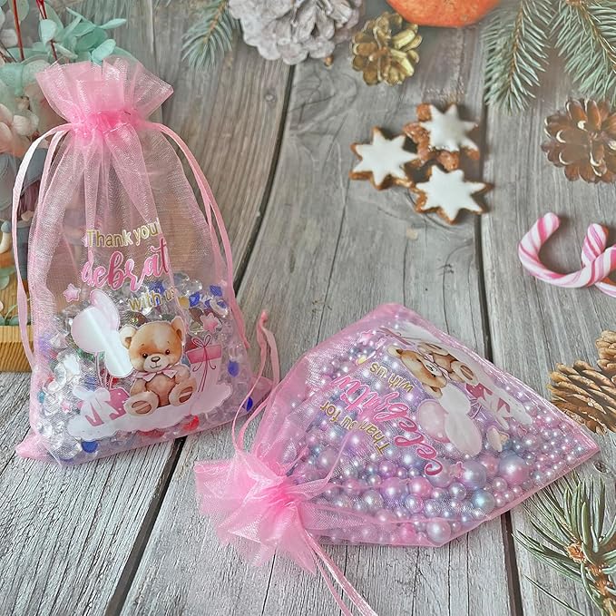 LXKBD 50PCS Organza Bags for Baby Shower Party Favor,4x6 Inch Small Pink Sheer Drawstring Mesh Pouch Treat Bags for Girl Birthday Gift Bag
