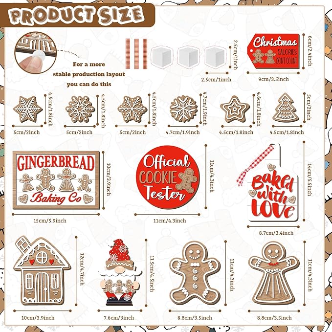 15 Pcs Christmas Tiered Tray Decor Christmas Gingerbread Wooden Signs Farmhouse Xmas Tiered Tray Decorations Set Gingerbread Wood Table Decor for Xmas Winter Holiday Kitchen Home
