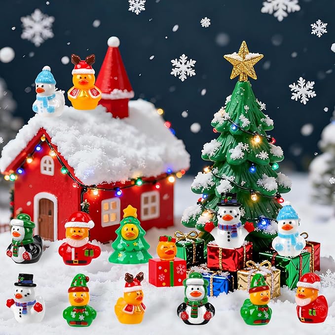 120Pcs Christmas Mini Ducks 8 Style Miniature Resin Ducks Bulk Xmas Tree Snowman Santa Reindeer Elf Gift Box Duck Figurines for Christmas Holiday Party Gifts Stocking Fillers Dollhouse Decorations