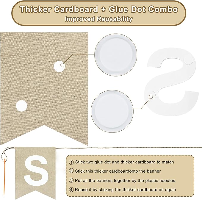 Reusable DIY Custom Banner Kit, 28 Burlap Flags, 87 Cardstock Letters/Numbers, 210 Double-Sided Adhesive Dots, Personalized Party Banner for Birthday, Baby Shower, Wedding, Graduation