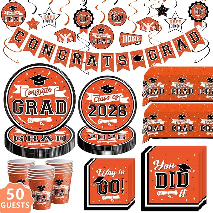 DAZONGE 2026 Orange Graduation Decorations, 265pcs Disposable Graduation Decorations, Class of 2026 Grad Party Supplies for 50 Guests, Tableware Set, Congrats Grad Banner and Hanging Swirls