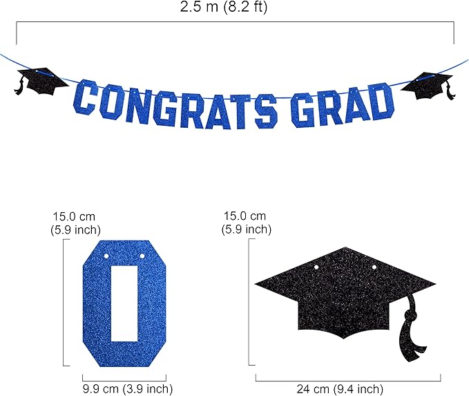 Gexolenu Blue Class of 2025 Graduation Theme Party Decoration Banner, Congrats Grad, Black Glitter Graduation, 2026 Black Congratulations Grad Party Decorations