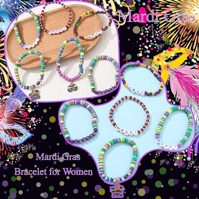 Cooluckday 36 Pcs Holiday Heishi Surfer Bracelets for Women Bulk Easter Mother's Day Christmas St. Patrick's Day Mardi Gras Bracelet Stackable Stretch Friendship Bracelets Set