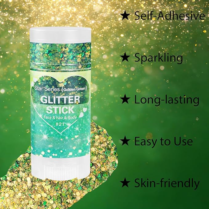 Mysense Chameleon Green Glitter Stick,Face Hair Body Glitter Makeup Shifts Green and Gold,St Patricks Day Accessories,Mardi Gras Outfit for Women,Sparkling Chunky Glitter for Festival Rave Party
