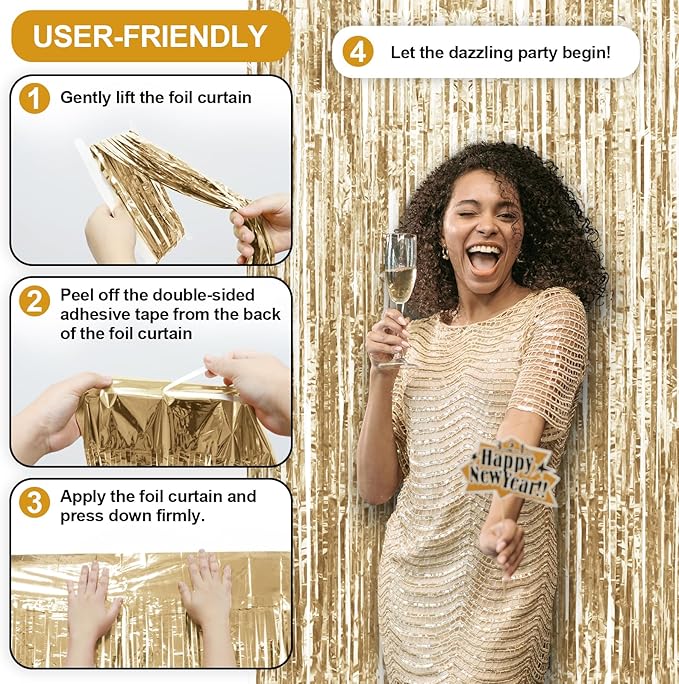 Homiest 6 Pack Champagne Tinsel Backdrop, 3.3x6.6 FT Metallic Tinsel Foil Fringe Curtains Party Decorations, Birthday Door Streamers for Baby Shower Wedding, Photo Booth Props Background Wall Decor