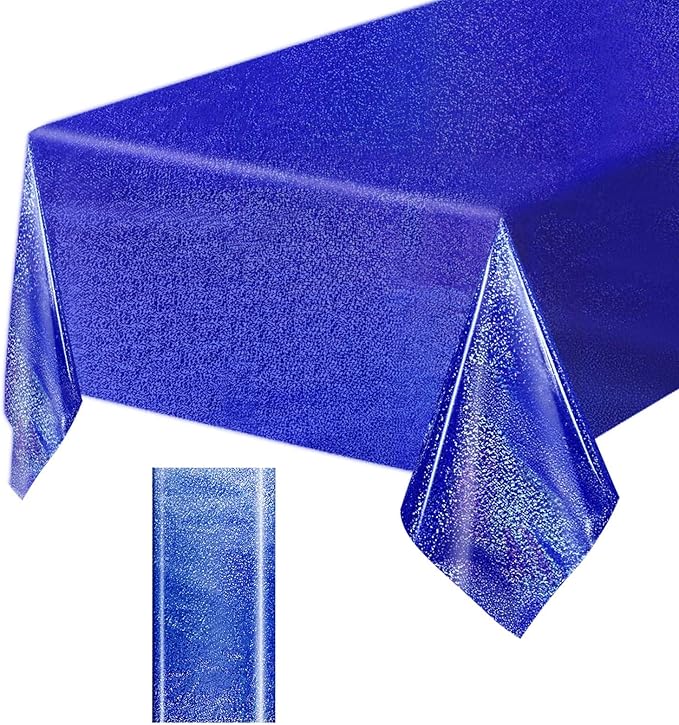 1 Pack Blue Iridescent Plastic Tablecloth Disposable 54 × 108 Inch Glitter Holographic Foil Table Cloth Plastic Laser Rectangle Table Cover for Birthday Wedding Disco Party