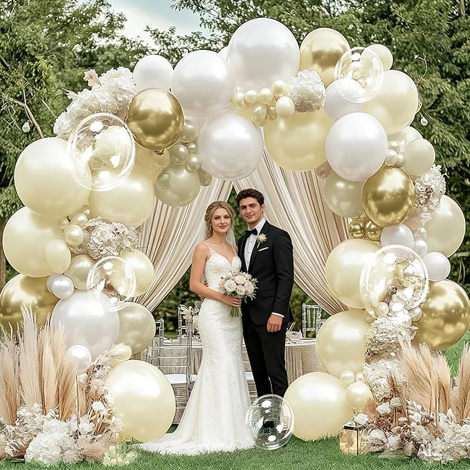 White Gold Balloon Arch Kit Double Stuffed Pearl White Sand Cream Gold Balloon Garland Ivory Beige Balloons for Baby Shower Wedding Bridal Shower Birthday Baptism Bachelorette Valentine Party Decor