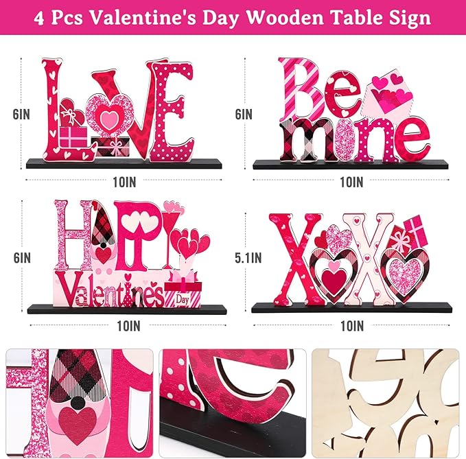 Valentine's Day Decorations Romantic Tabletop Centerpiece Signs Love Wooden Table Sign Valentines Decorations for Home Decor Gift Dining Room Table Wedding Anniversary Party