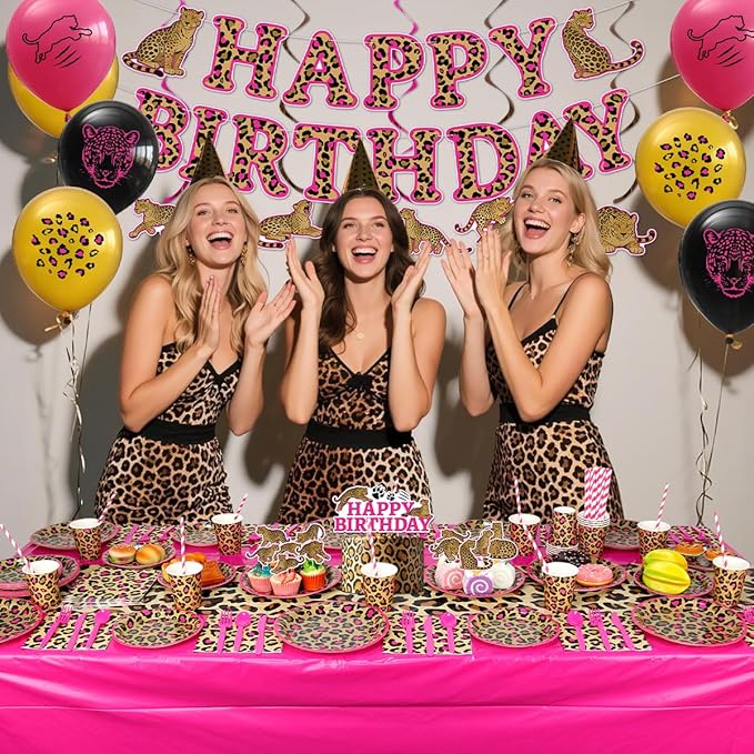 Cheetah Print Birthday Decorations, Pink Cheetah Birthday Decorations Includes Plates, Napkins, Cups, Tablecloth, Tableware for Leopard Party Serves 20 Guests