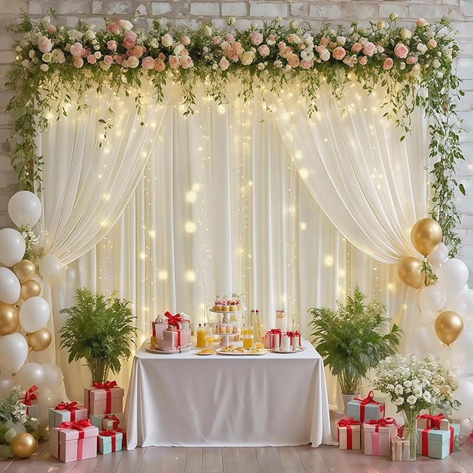 20x10FT Cream White Backdrop Curtains with Lights for Parties,Wrinkle Free Wedding Photo Backdrop Curtains for Baby Shower Birthday Ceremony Reception Home Party Decorations-5ft x 10ft,4 Panels