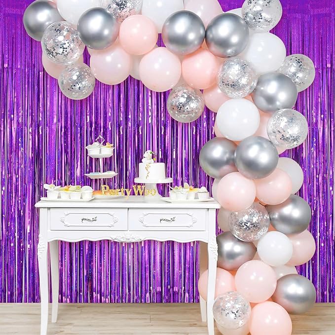 Purple Tinsel Foil Fringe Curtain Backdrop, 2 Pack Metallic Glitter Curtains Party Decorations Streamers, Xmas Purple Backdrop for Birthday Wedding Bridal Shower Homecoming New Year