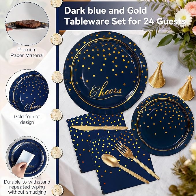 OuMuaMua Blue Paper Plates and Napkins Party Supplies for 24 Guests, 168 Pcs Navy Blue Disposable Plates with Utensils Set for Blue and Gold Graduation Retirement Birthday Party Decorations