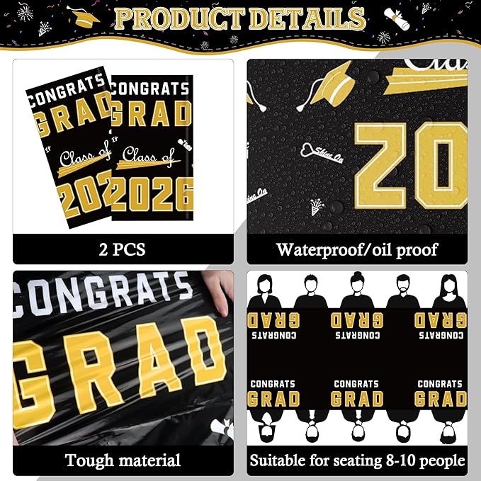 OHOME Graduation Decorations 2026-2026 Graduation Party Decorations - Disposable Plastic Black and Gold Tablecloth for Class of 2026 Decorations Party Favors Banner,54" X 108",2 Pack