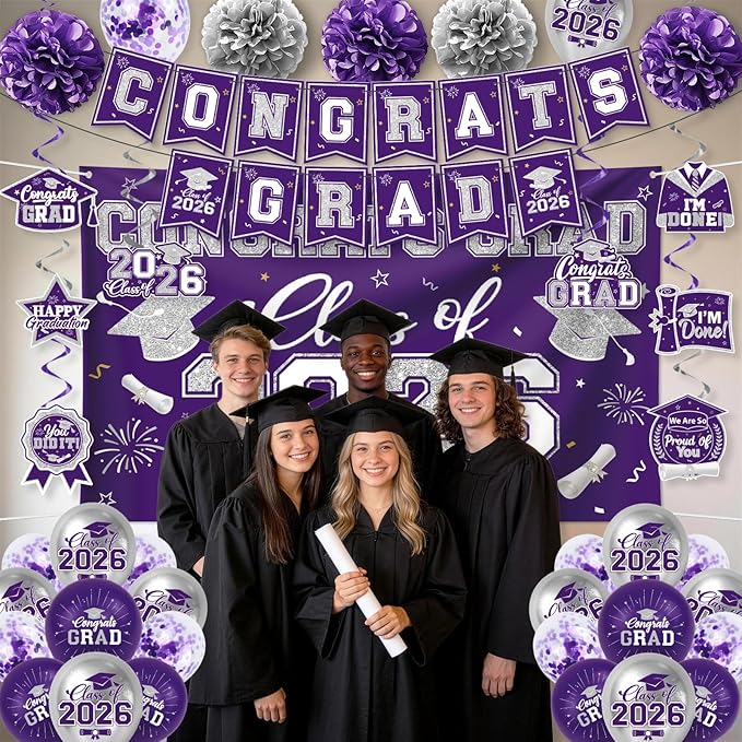 Purple and Silver Graduation Decorations 2026 Set, All-in-1 Kit with Congrats Grad Banner Class of 2026 Backdrop Porch Sign Balloons Centerpieces Card Box Pom Poms Streamers for College High School