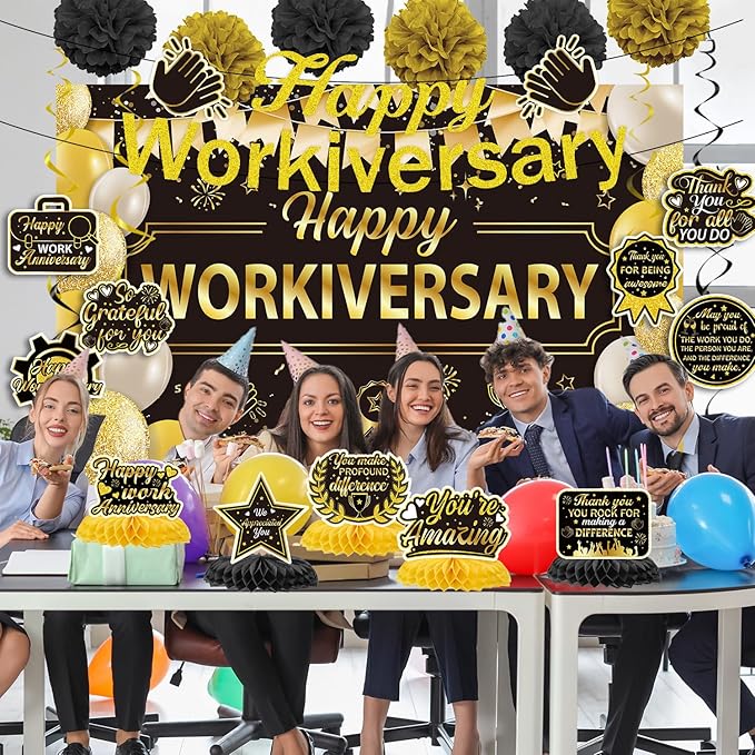 Happy Work Anniversary Decorations - 23PCS Glitter Happy Workiversary Banners Hanging Swirls Honeycomb Centerpieces Pompoms Backdrop, Office Appreciation Supplies Decor for Employee Worker