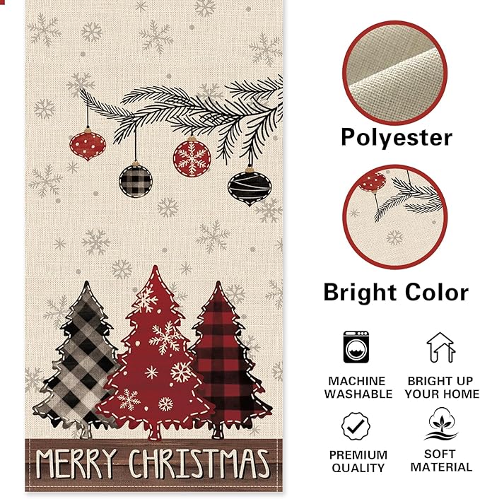 Merry Christmas Tree Dining Table Runner, Xmas Balls Pine Needle Branches Snowflake Burlap Kitchen Decoration, Winter Holiday Plaid Farmhouse Indoor Outdoor Home Decor Party Supply 13 x 72 in