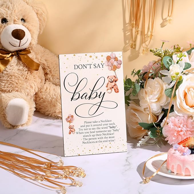 Wesiti 51 Pcs Cool Baby Shower Game Wooden Sign Gift Sets 50 Baby Shower Pacifiers Necklace Acrylic Pacifier for Gender Reveal Party Favor(Bear,Brown)