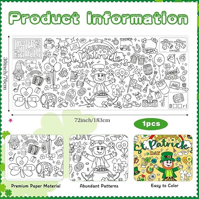 St Patricks Day Coloring Tablecloth/Poster, St Patrick Day Decorations, 72" X 30" Gaint Paper Coloring Tablecloth for Kids Crafts Activities, DIY St Patricks Party Supplies Gifts for Classroom Family