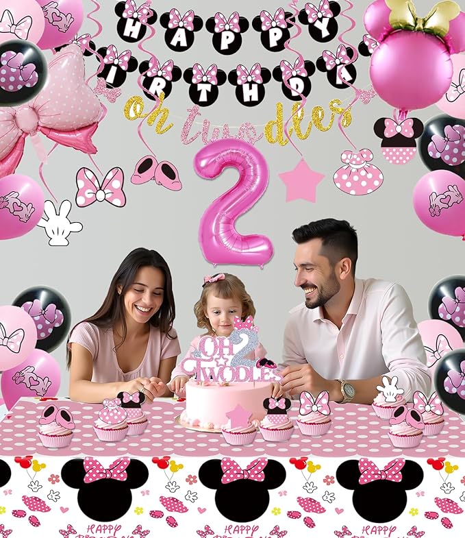 Pink Mouse 2nd Birthday Party Supplies, Oh Twodles Girl Second Party Decorations Includes Happy Birthday Banner, Hanging Swirls, Tablecloth, Cake Cupcake Toppers, Bow Foil Balloon, Latex Balloons