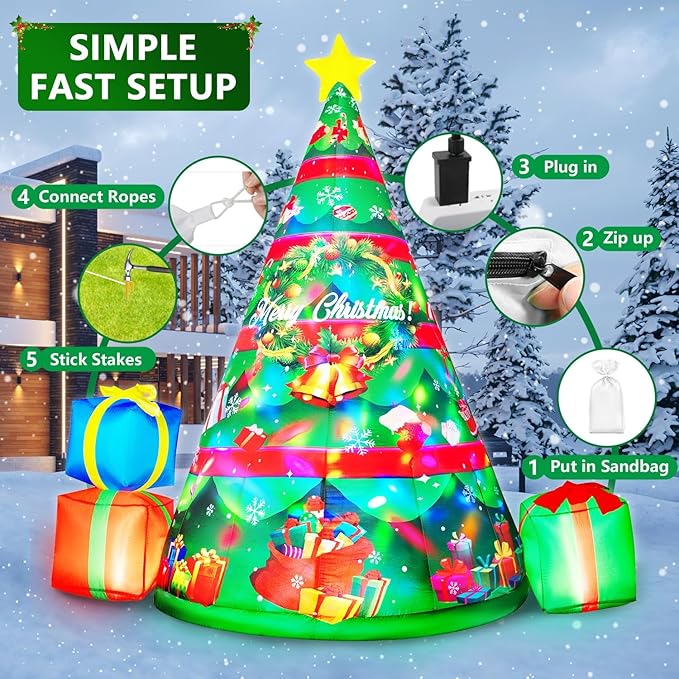 7FT Christmas Inflatables Tree Built-in 360° Rotating Colorful LEDs & Lighted Star, Christmas Decoration Outdoor Blow up Yard Decorations with 3 Gift Boxes for Xmas Party Holiday Indoor