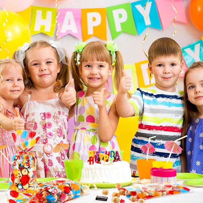 Blulu 100 Pcs Happy Birthday Cellophane Treat Bags Colorful Birthday Candy Goodie Bags Plastic Birth Loot Gift Wraps Goodie Cookies Paper Sacks with Silver Twist Ties for Weddings Party Favors