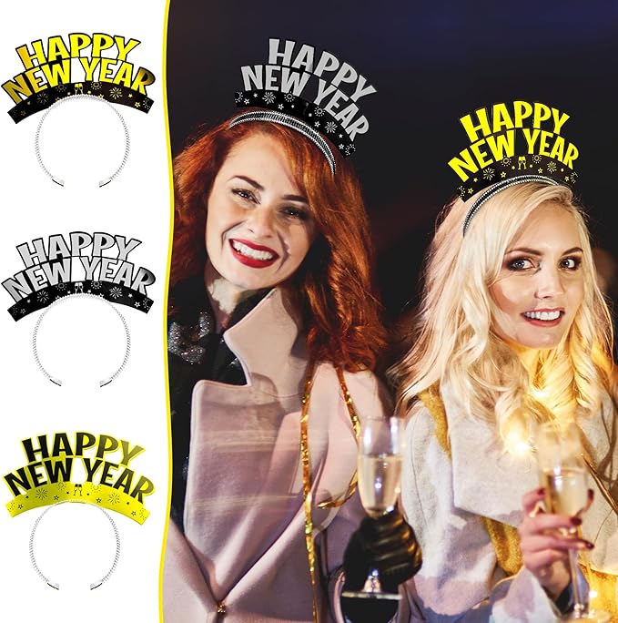 Melisheer 12 PCS New Years Eve Party Supplies, Happy New Years Headband Party Favors Gold Silver Black Headband Accessories