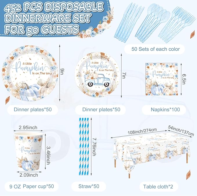 452 Pcs Little Pumpkin Baby Shower Decorations for 50, Blue a Little Pumpkin Is on The Way Paper Plates Napkins Cups Tablecloth Cutlery Straws for Autumn Fall Thanksgiving Party Supplies