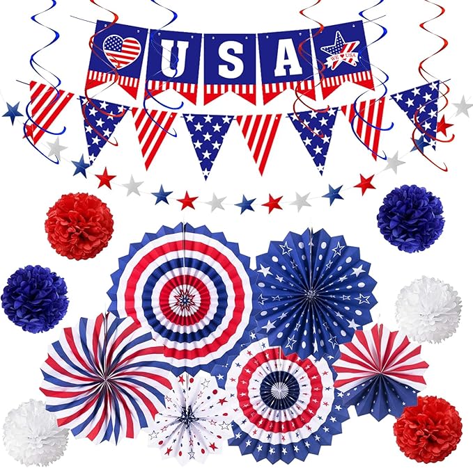 4th of July Patriotic Party Decorations, 6 Paper Fan, 6 Flower Ball, 1 USA Swallowtail Flag, 1 USA Pennant Flag, 1 Star Streamer, 6 Swirl, Independence Day, Memorial Day, Veterans Day Decor Supplies