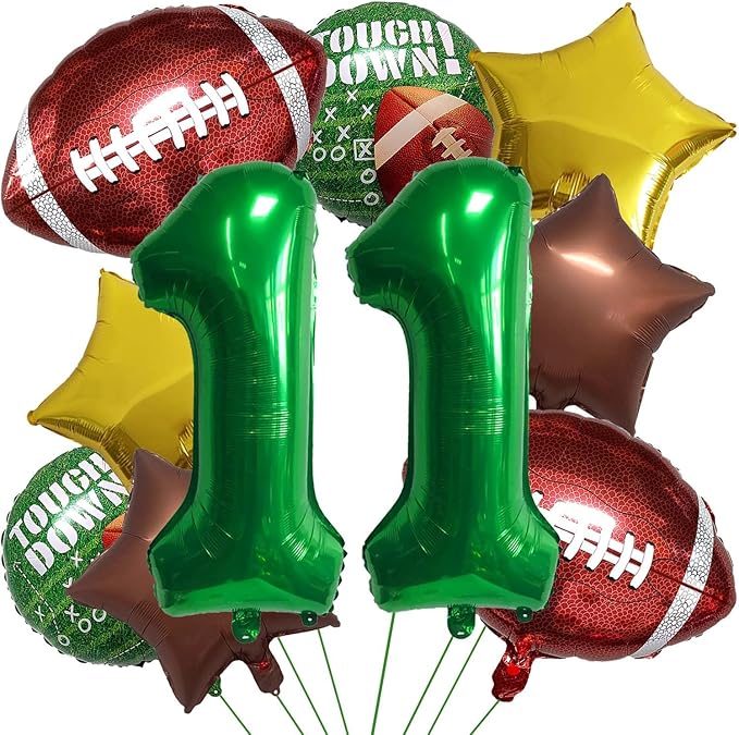 Football Balloons Foil Football Birthday Decorations Balloons Green Number 11 Balloon Gold Brown Star Touchdown Ballons for Rugby Birthday Decorations Sports Ballons Arch Kits Party Balloon Sets 10pcs
