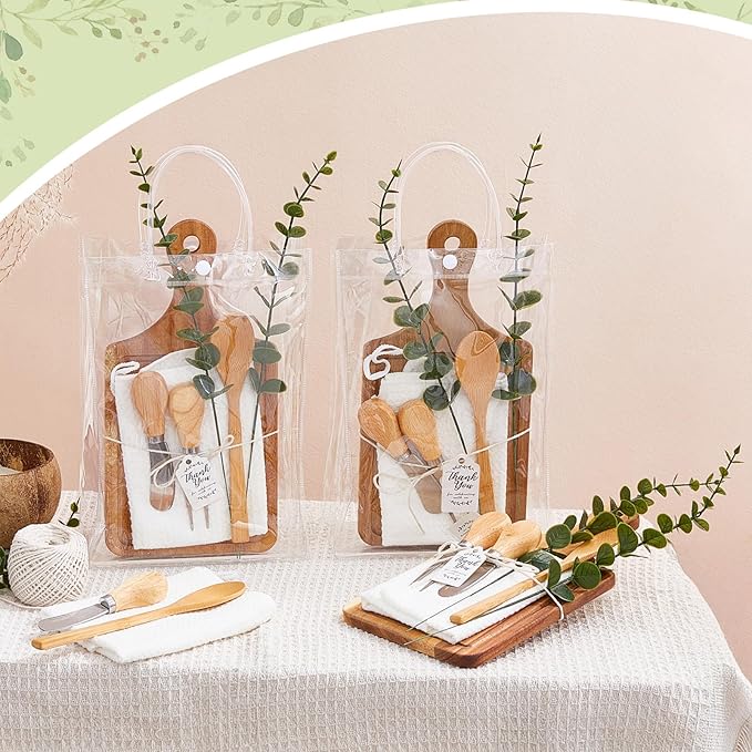 Baby Shower Prizes for Game Winners Bamboo Cheese Board Spoon Fork Butter Spreaders Plaid Towel Thank You Card and Gift Bags for Baby Shower Wedding Bridal Shower Favors (Acacia, 4 Sets)