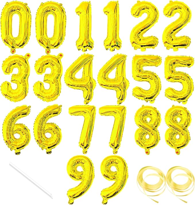 20 Pieces 2 Sets of 16 Inch Gold Number 0-9 Balloons – Foil Mylar Balloons for Custom Number Decorations, Birthday, Anniversary, Graduation, New Year, and Party Backdrops