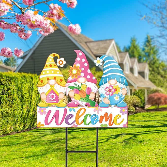 JarThenaAMCS Spring Metal Garden Stakes Colorful Flower Gnome Decorative Lawn Sign Welcome Yard Sign for Home Outside Lawn Porch Walkway Decor