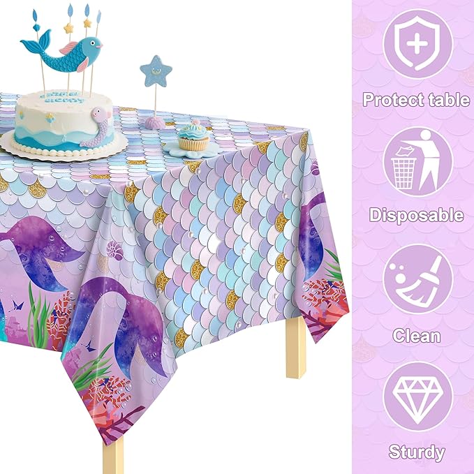 Kochorie 2 Pieces Mermaid Party Tablecloth Plastic Mermaid Party Supplies Disposable Rectangle Tablecloths for Under The Sea Ocean Themed Birthday Parties Decorations Supplies
