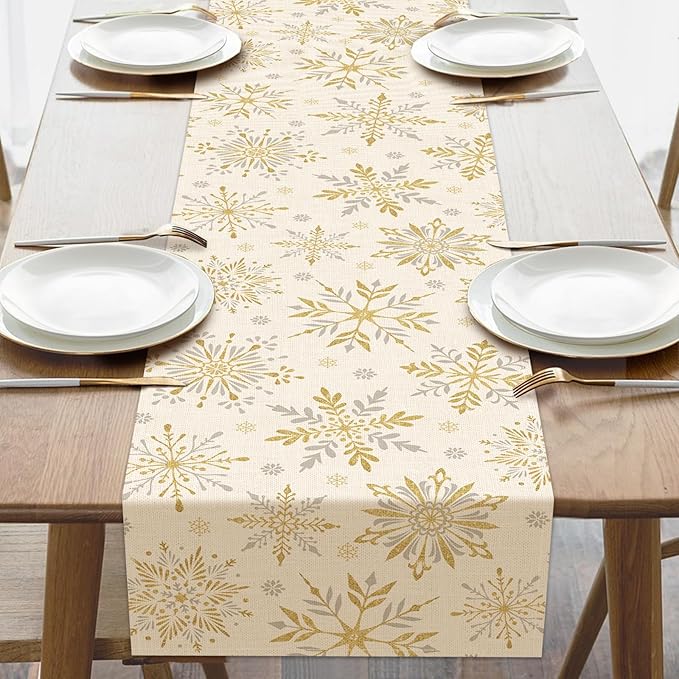 Winter Gold Snowflake Dining Table Runner, Golden Snow Glitter Burlap Kitchen Decoration, Christmas Seasonal Indoor Outdoor Home Decor Party Supply 13 x 72 Inches