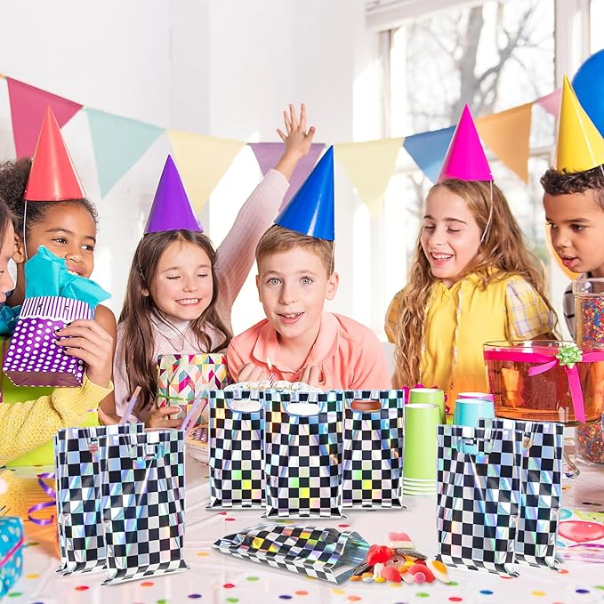 FunnyPars 50 Pcs Iridescent Checkered Race Car Party Favor Bags, Plastic Black and Iridescent Car Goodie Treat Bags, Racecar Laser Plaid Gift Bags for Kids Fast Race Car Birthday Party Decorations