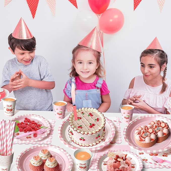 Pink Bow Cherry Birthday Party Supplies - 300 Pcs Disposable Dinnerware Set Serves 50 - Includes Paper Plates, Napkins, Cups, Straws, Forks - Coquette Aesthetic Party Decorations for Girls Women