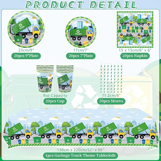 Trash Truck Birthday Party Decoration - Garbage Truck Birthday Party Tableware Supplies Includes Plates, Cups, Napkins, Tablecloth, Straws (40)