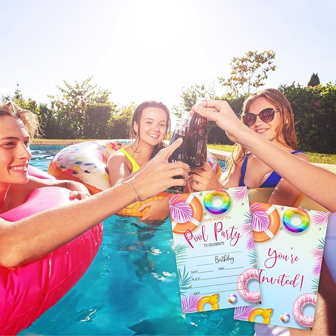 Pool Party Birthday Invitations, 25 Summer Party Invites Cards with Envelopes, Double-Sided Fillable, for Teens Adults, Birthday Party Supplies (4 x 6 Inch) -A10