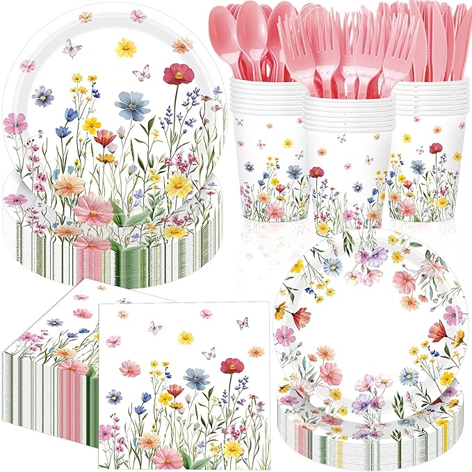 400 Pcs Wild Floral Disposable Paper Plates Napkins and Cups Serve 50 Watercolor Floral Tableware Set for Spring Wedding Tea Party Decoration Bridal Baby Shower (Pink Color, Gentle Style)