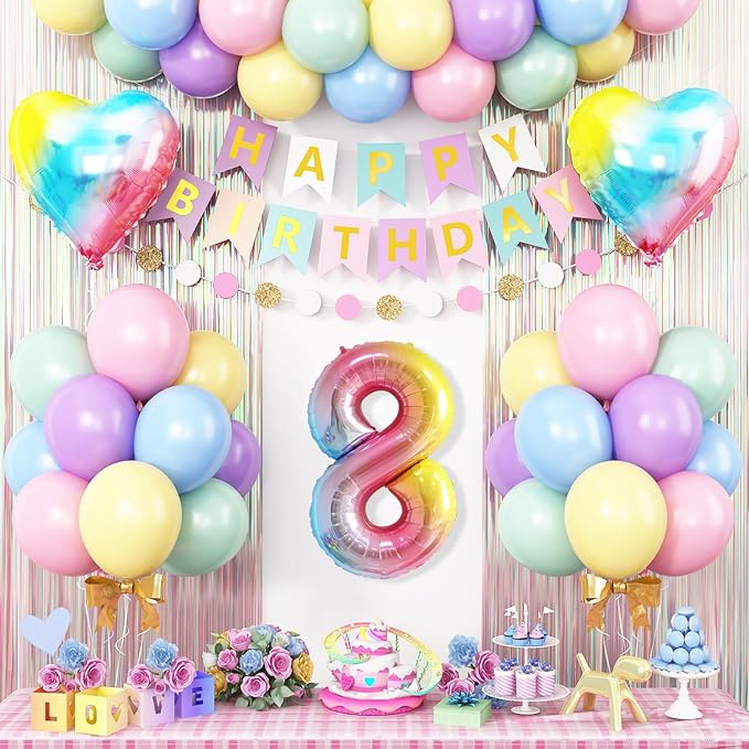 8th Birthday Decorations Rainbow,Gradient Number 8 Balloon,Pastel Happy Birthday Banner Fringe Curtain Heart Foil Balloons Boys Girls 8 Year Old Decor
