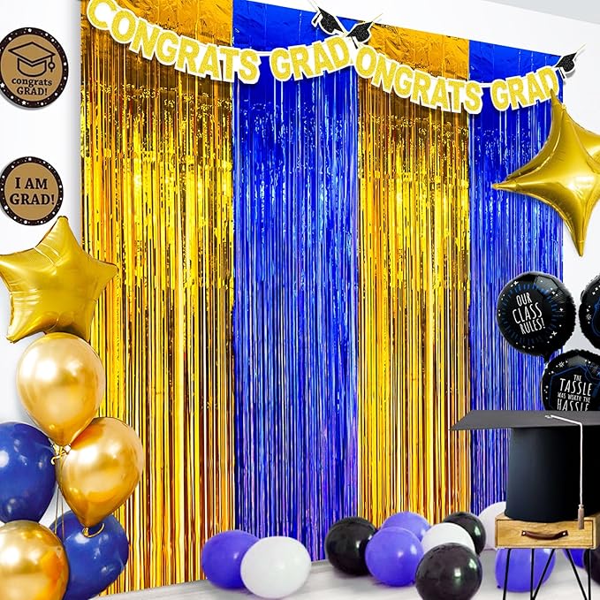 MYUPDALIN 2 Pack Blue and Gold Graduation Decorations 2025 -Tinsel Foil Fringe Curtains Backdrop - High School College University Graduation Party Photo Booth Props Backdrop